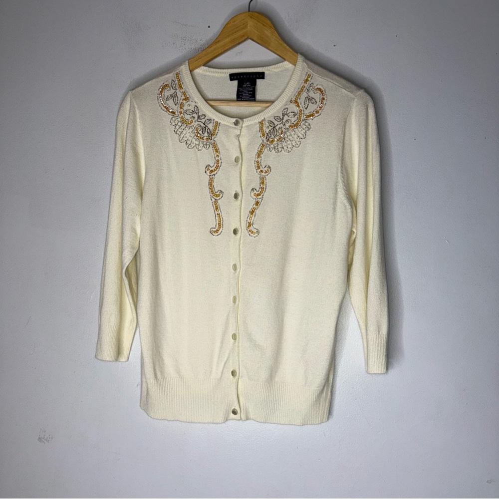 Apostrophe Cardigan Sweater L Ivory‎ Angora Rabbit Hair Blend Gold Sequin Pearls